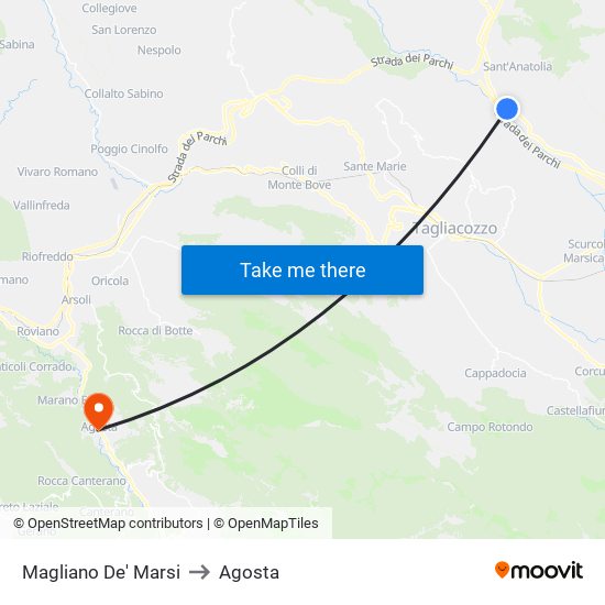 Magliano De' Marsi to Agosta map