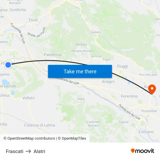 Frascati to Alatri map