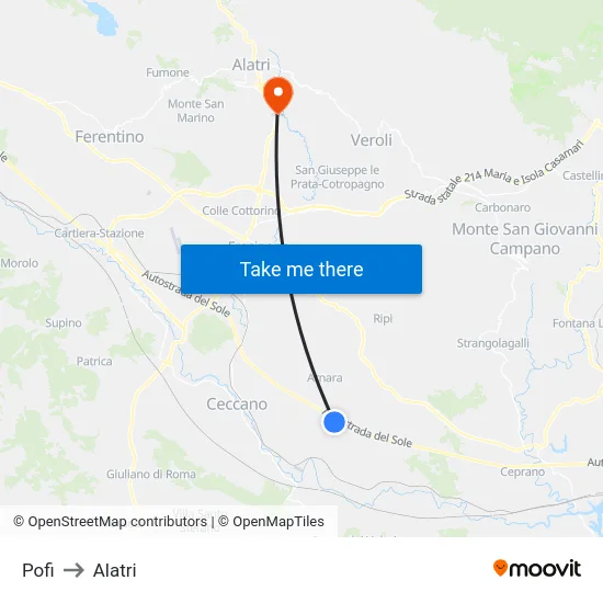 Pofi to Alatri map