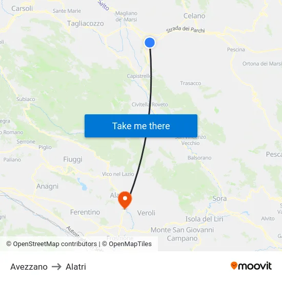 Avezzano to Alatri map