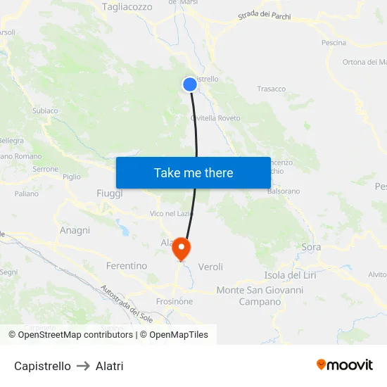 Capistrello to Alatri map