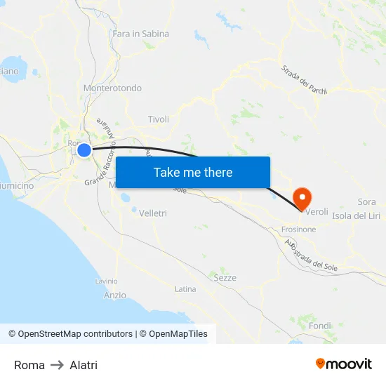 Roma to Alatri map