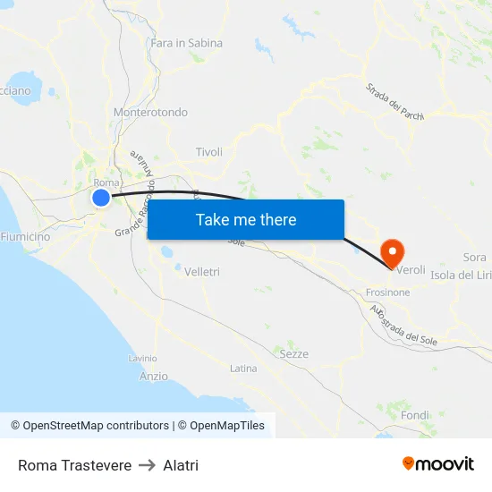 Roma Trastevere to Alatri map
