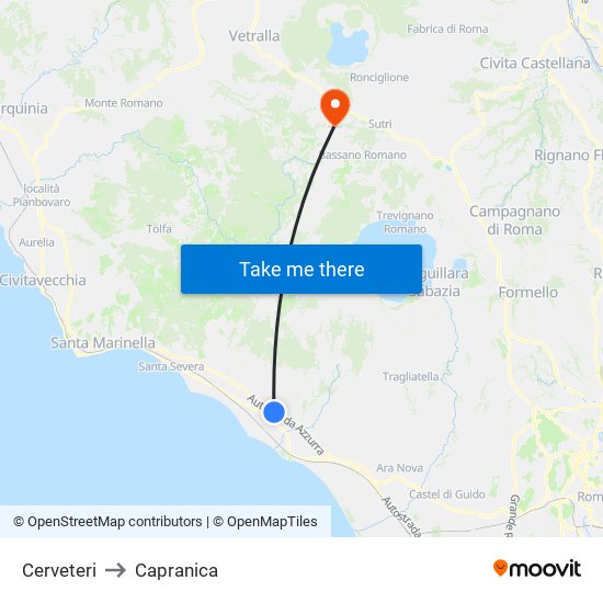 Cerveteri to Capranica map
