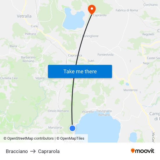 Bracciano to Caprarola map
