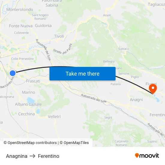 Anagnina to Ferentino map