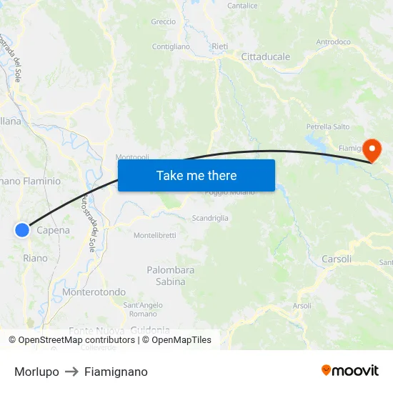 Morlupo to Fiamignano map