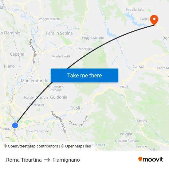 Roma Tiburtina to Fiamignano map