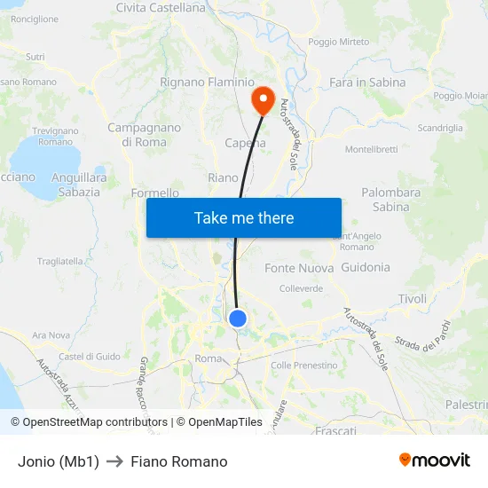 Jonio (Mb1) to Fiano Romano map