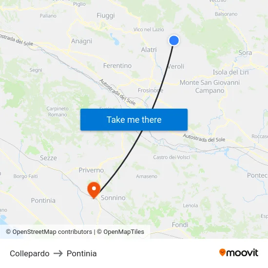 Collepardo to Pontinia map