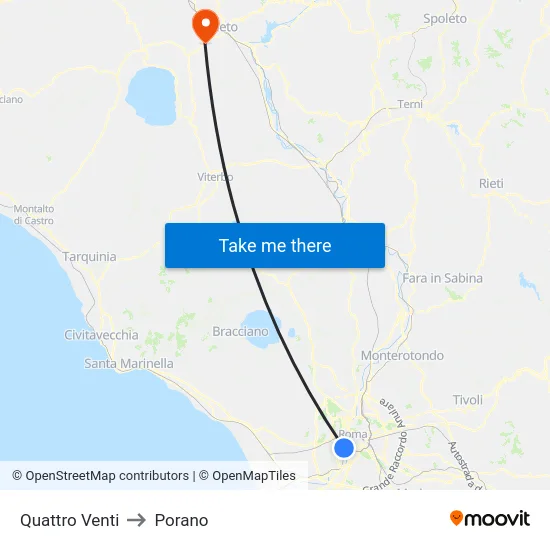 Quattro Venti to Porano map
