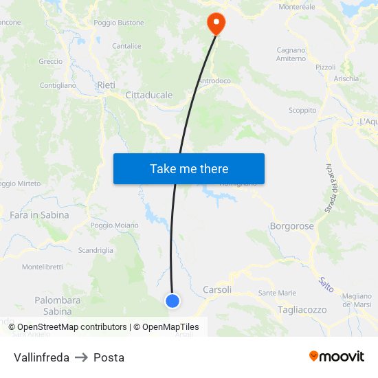 Vallinfreda to Posta map