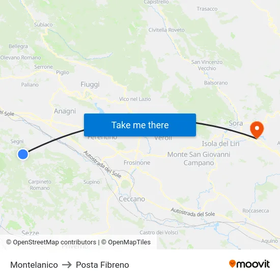 Montelanico to Posta Fibreno map