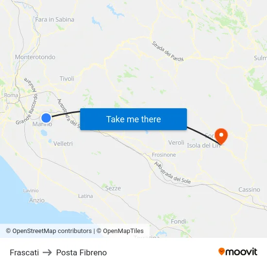 Frascati to Posta Fibreno map