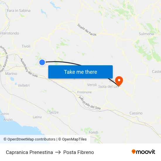 Capranica Prenestina to Posta Fibreno map