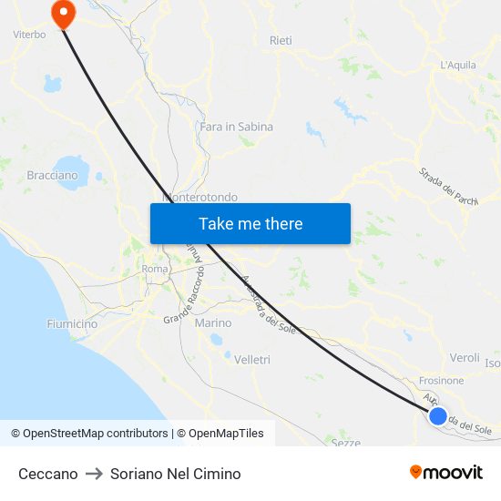 Ceccano to Soriano Nel Cimino map