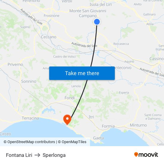 Fontana Liri to Sperlonga map