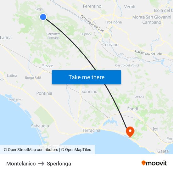 Montelanico to Sperlonga map