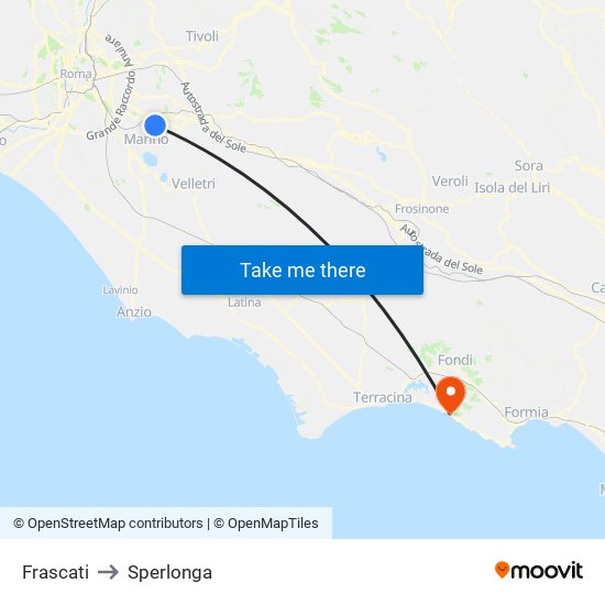 Frascati to Sperlonga map