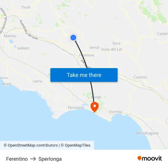 Ferentino to Sperlonga map