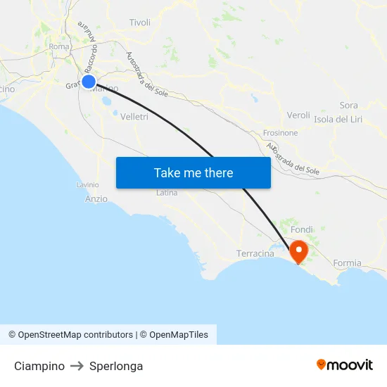 Ciampino to Sperlonga map