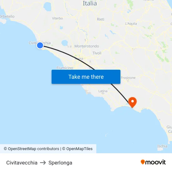 Civitavecchia to Sperlonga map