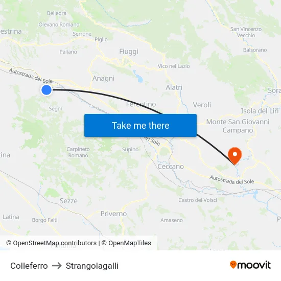 Colleferro to Strangolagalli map