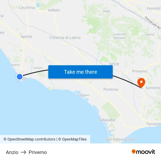 Anzio to Priverno map