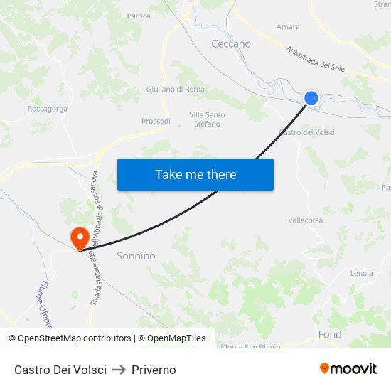 Castro Dei Volsci to Priverno map