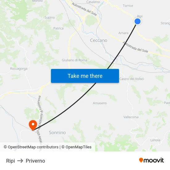 Ripi to Priverno map