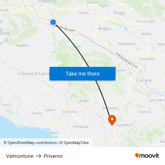 Valmontone to Priverno map