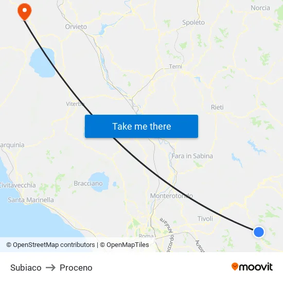 Subiaco to Proceno map