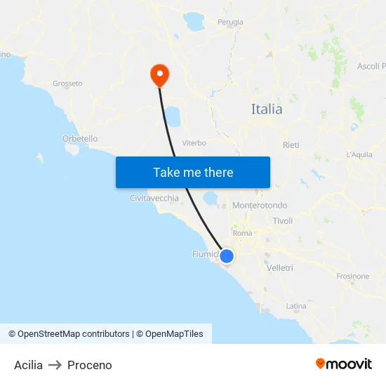 Acilia to Proceno map