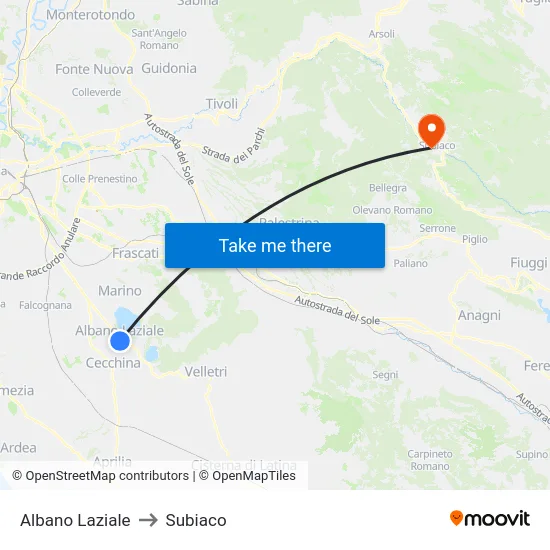 Albano Laziale to Subiaco map
