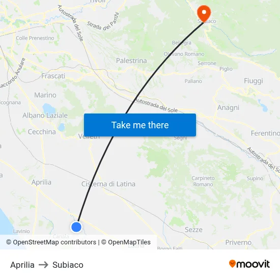 Aprilia to Subiaco map