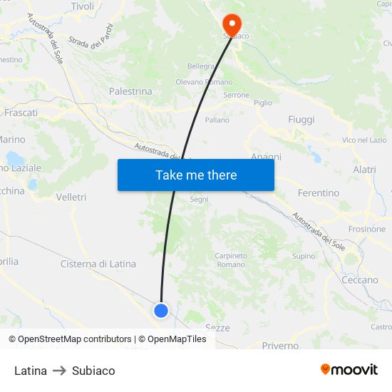 Latina to Subiaco map