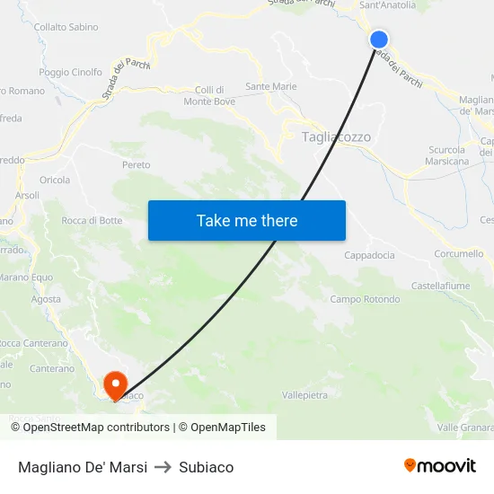 Magliano De' Marsi to Subiaco map