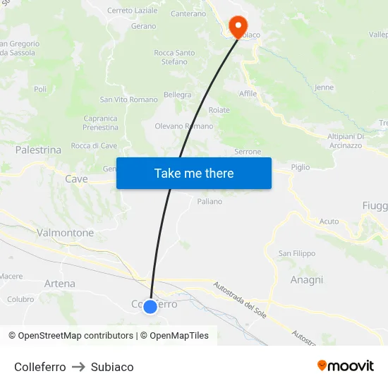Colleferro to Subiaco map