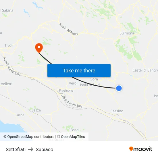 Settefrati to Subiaco map