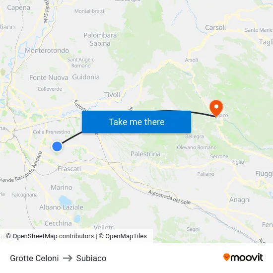 Grotte Celoni to Subiaco map