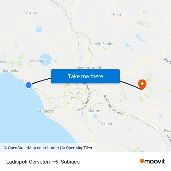 Ladispoli-Cerveteri to Subiaco map