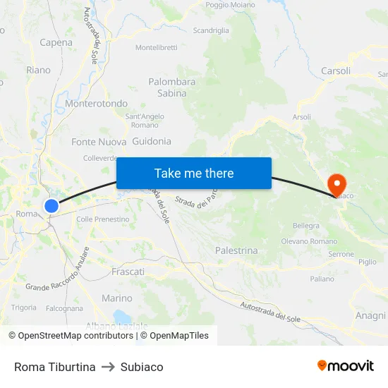Roma Tiburtina to Subiaco map