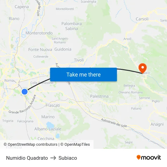 Numidio Quadrato to Subiaco map