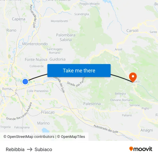 Rebibbia to Subiaco map
