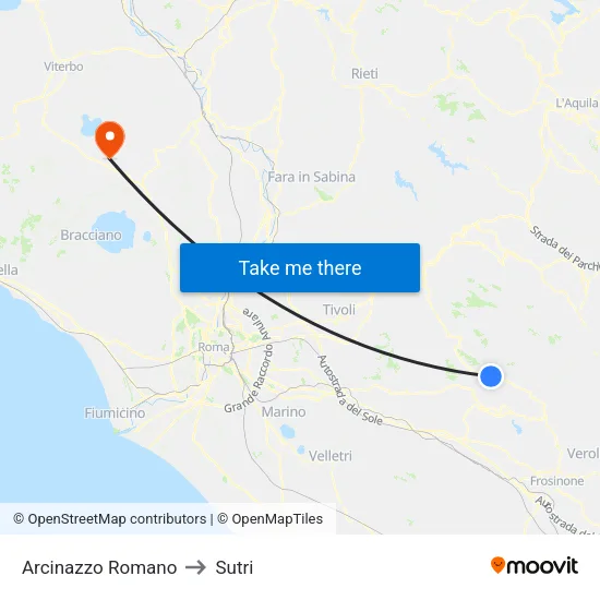Arcinazzo Romano to Sutri map