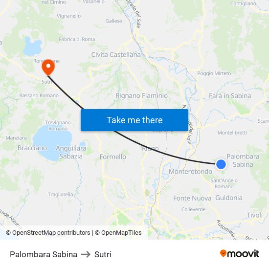 Palombara Sabina to Sutri map