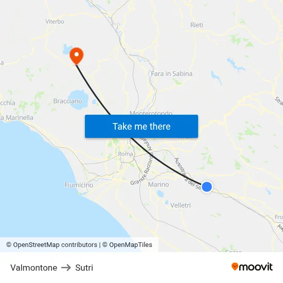 Valmontone to Sutri map