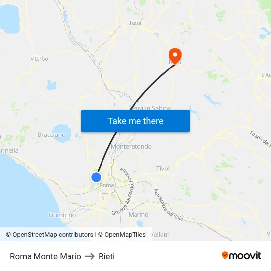 Roma Monte Mario to Rieti map