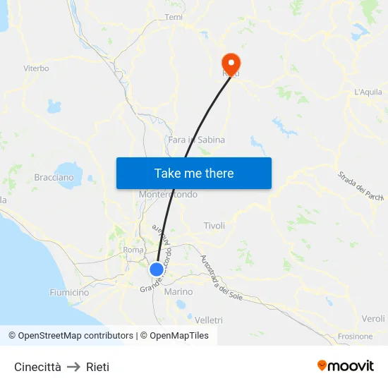 Cinecittà to Rieti map