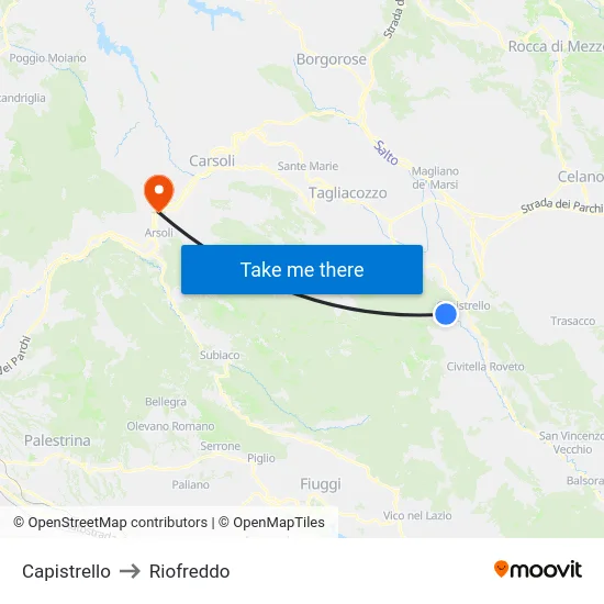 Capistrello to Riofreddo map